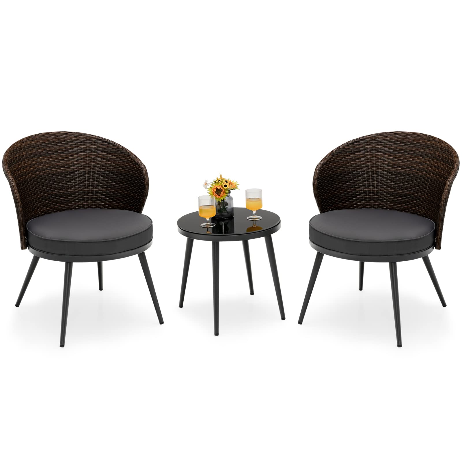 Ensemble de bistrot 3 pièces Tangkula en rotin pour terrasse avec 2 coussins de siège, plateau en verre trempé (gris)